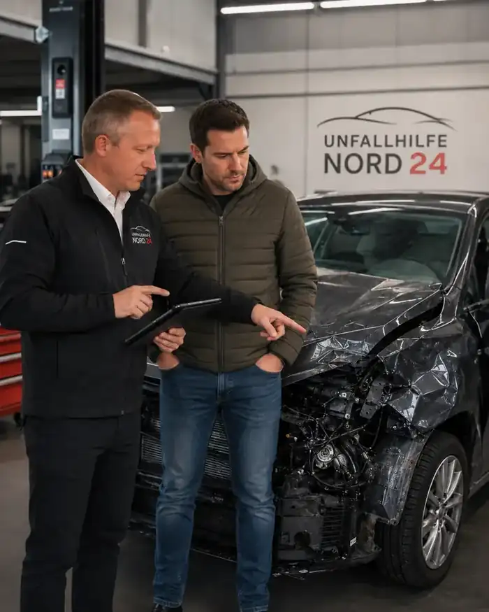 Kfz-Sachverständiger erläutert dem Geschädigten das Schadensgutachten am Tablet vor dem Unfallfahrzeug