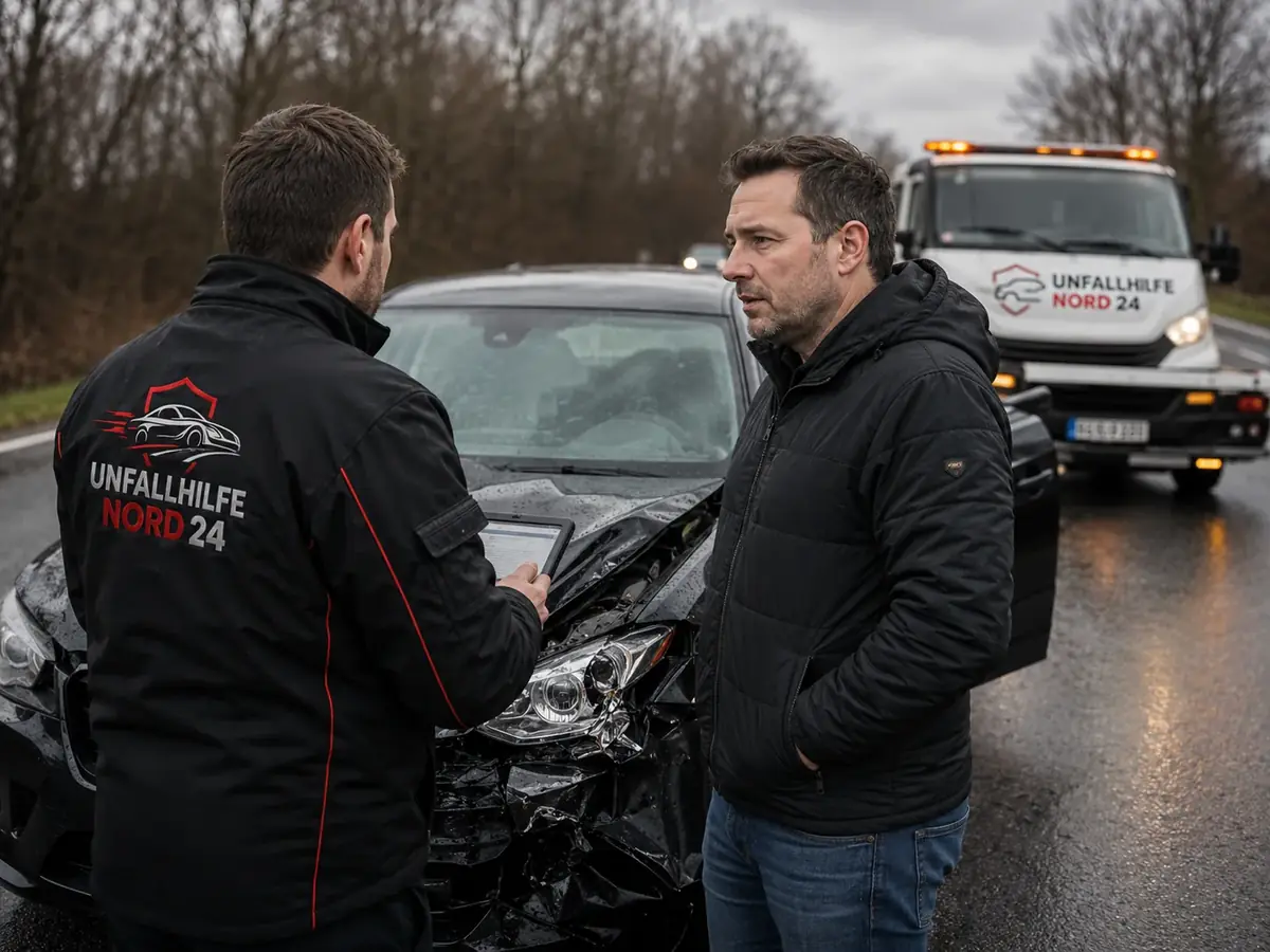 Abgesicherte Unfallstelle an einer Straße in Norddeutschland mit beschädigtem Fahrzeug