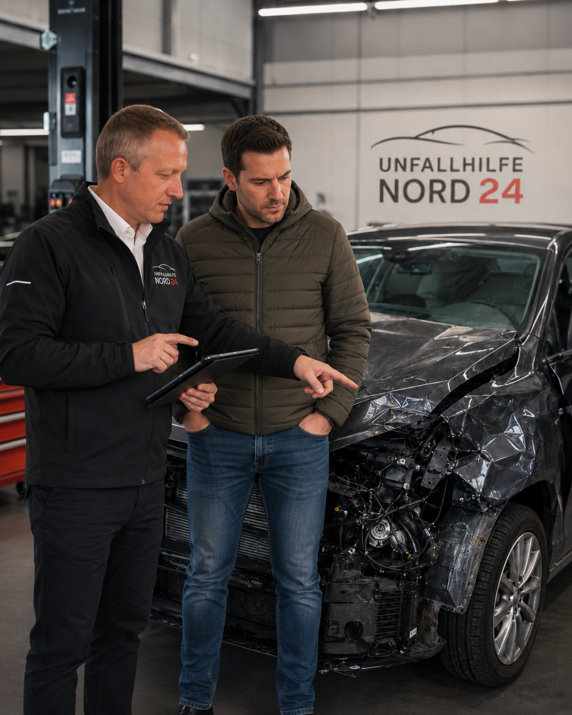 Kfz-Sachverständiger erläutert dem Geschädigten das Schadensgutachten am Tablet vor dem Unfallfahrzeug