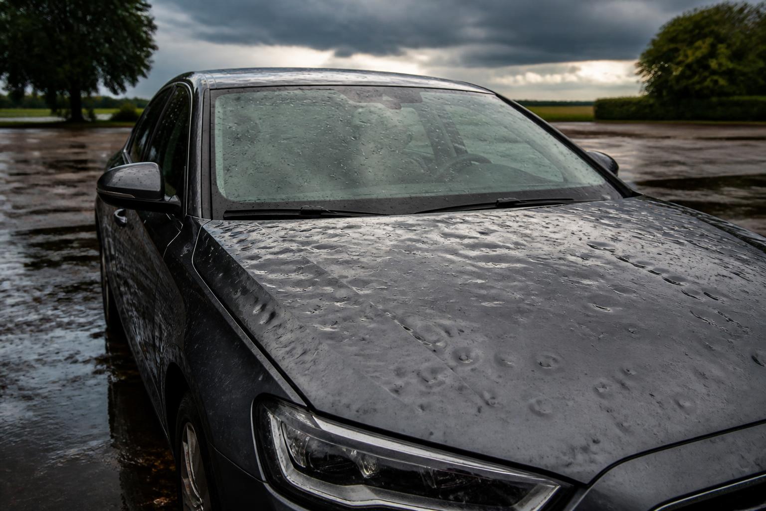 Auto mit deutlich sichtbaren Hagelschäden auf der Motorhaube, im Hintergrund dunkle Gewitterwolken