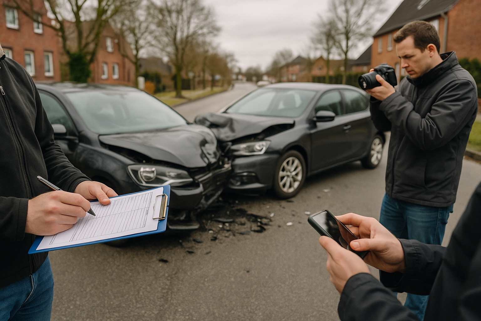 Fotografierte Unfallstelle mit beschädigtem Fahrzeug, Warndreieck und Notizblock zur Beweissicherung