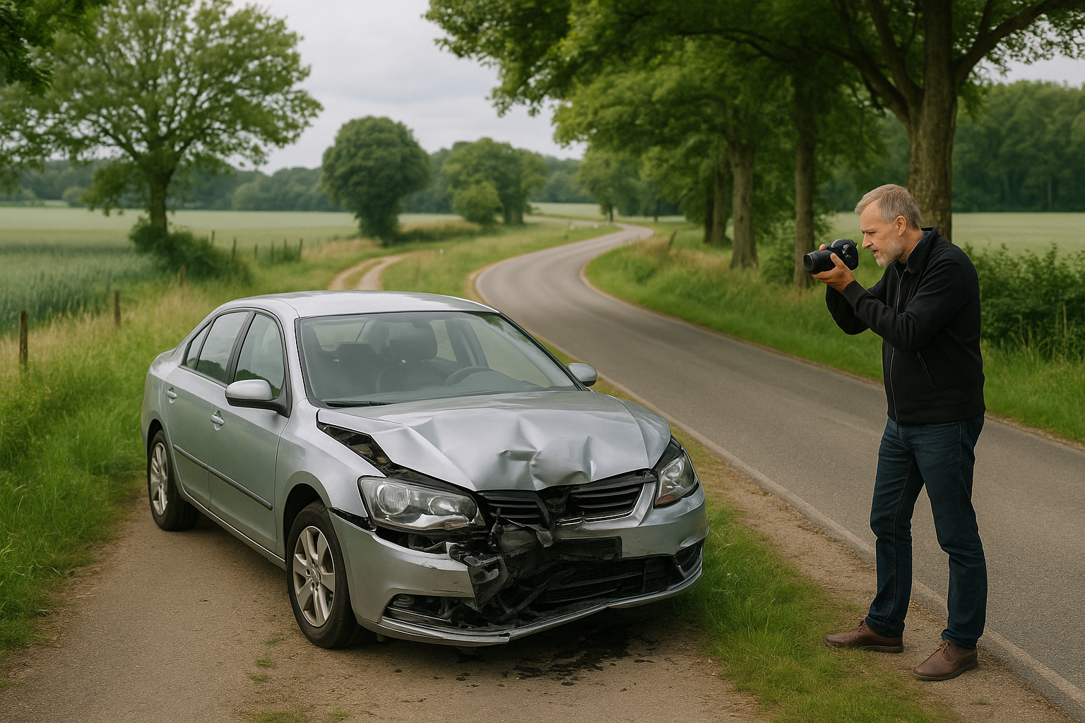 Ein leicht beschädigtes Auto auf einer ruhigen Landstraße in Schleswig-Holstein, mit einem Gutachter, der die Szene dokumentiert.